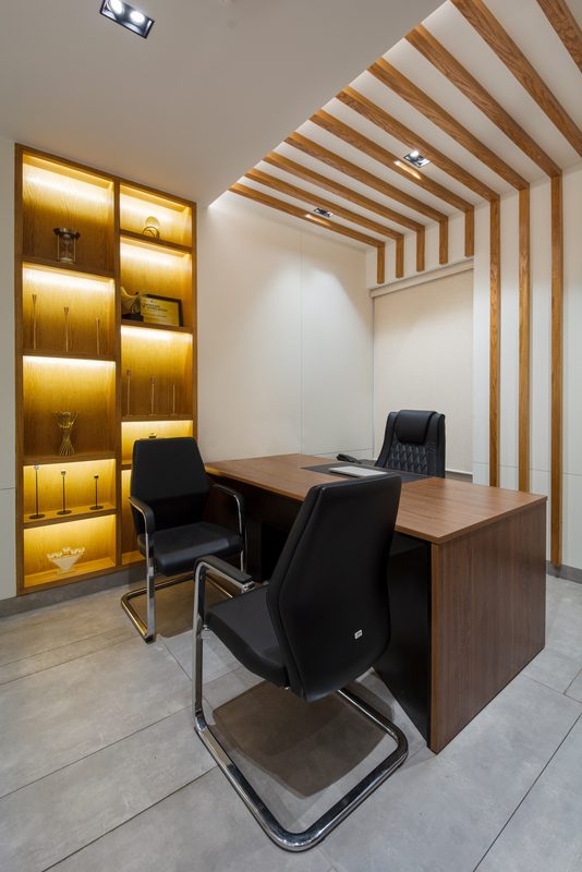 A cabin at Microtel with backlit display joinery.